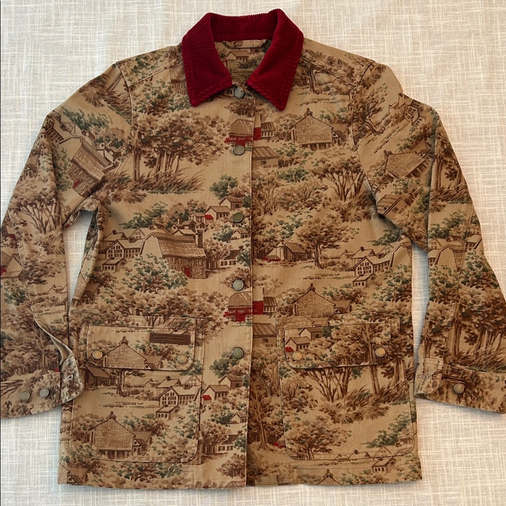 Ralph Lauren Tan Scenic Print Jacket with Red Corduroy Collar